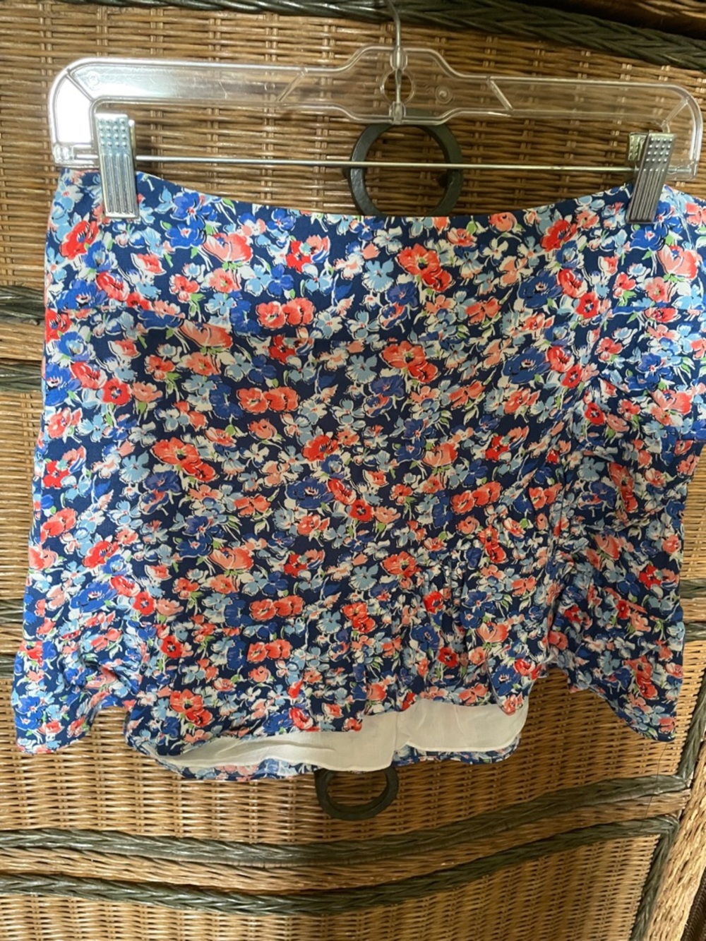 Floral Ruffle Mini Skirt in Navy with Coral & Light Blue Flowers